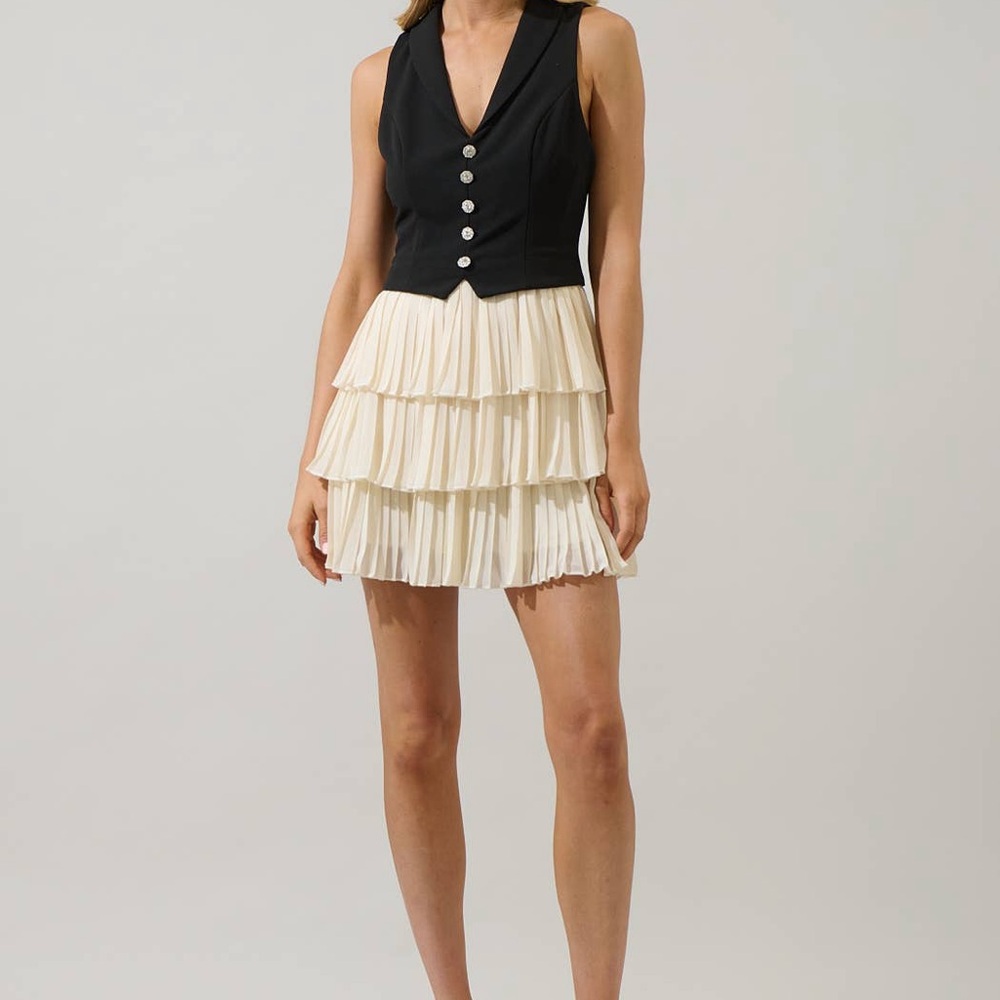 Fadia Atmore Vest Black and Cream Ruffle Tiered Dress